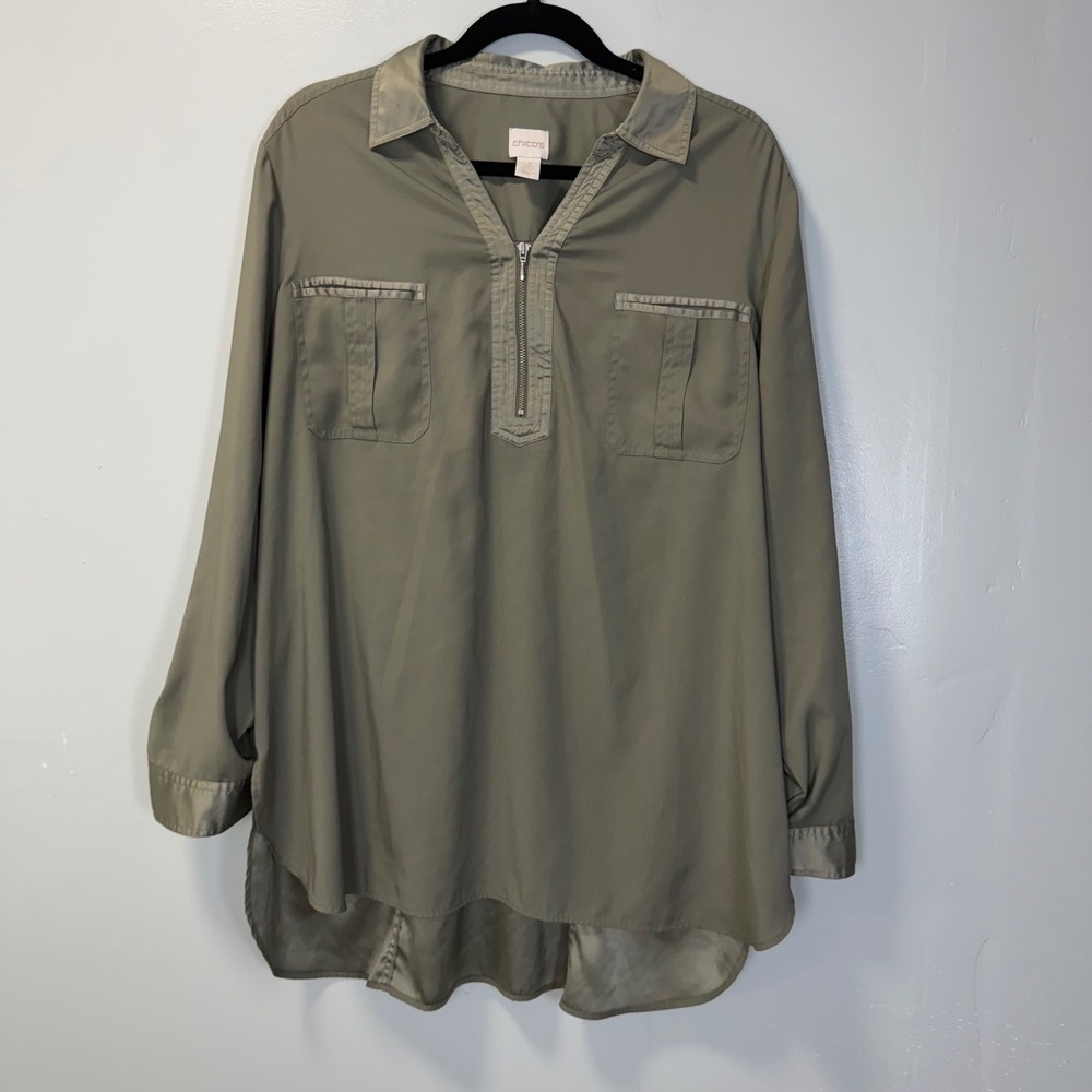 Chicos Womens Size 3 Olive Green Quarter Zip Roll Tab Sleeve Tunic Blouse XL